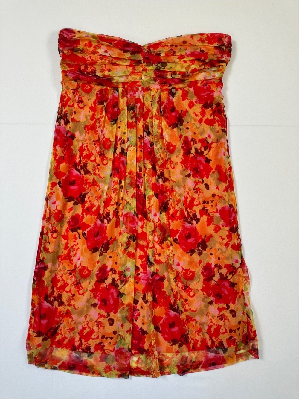 Suzy Shier Y2K Sunset Floral Strapless Mini Dress Orange Pink M